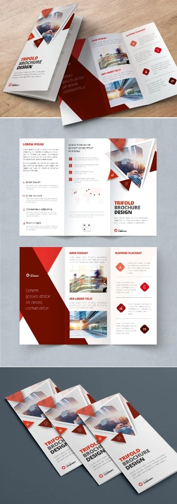 طرح بروشور قرمز Red Trifold Brochure Layout with Triangles
