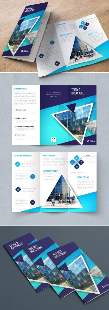 طرح بروشور سه لت Dark Blue Trifold Brochure Layout with Triangles