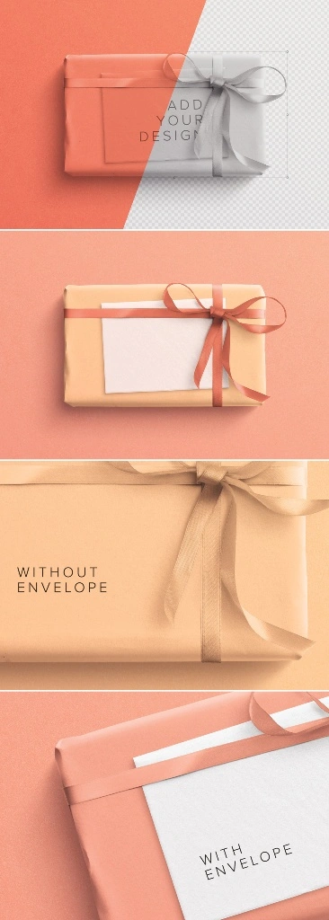 موکاپ جعبه هدیه Wrapped Gift Box and Envelope Mockup