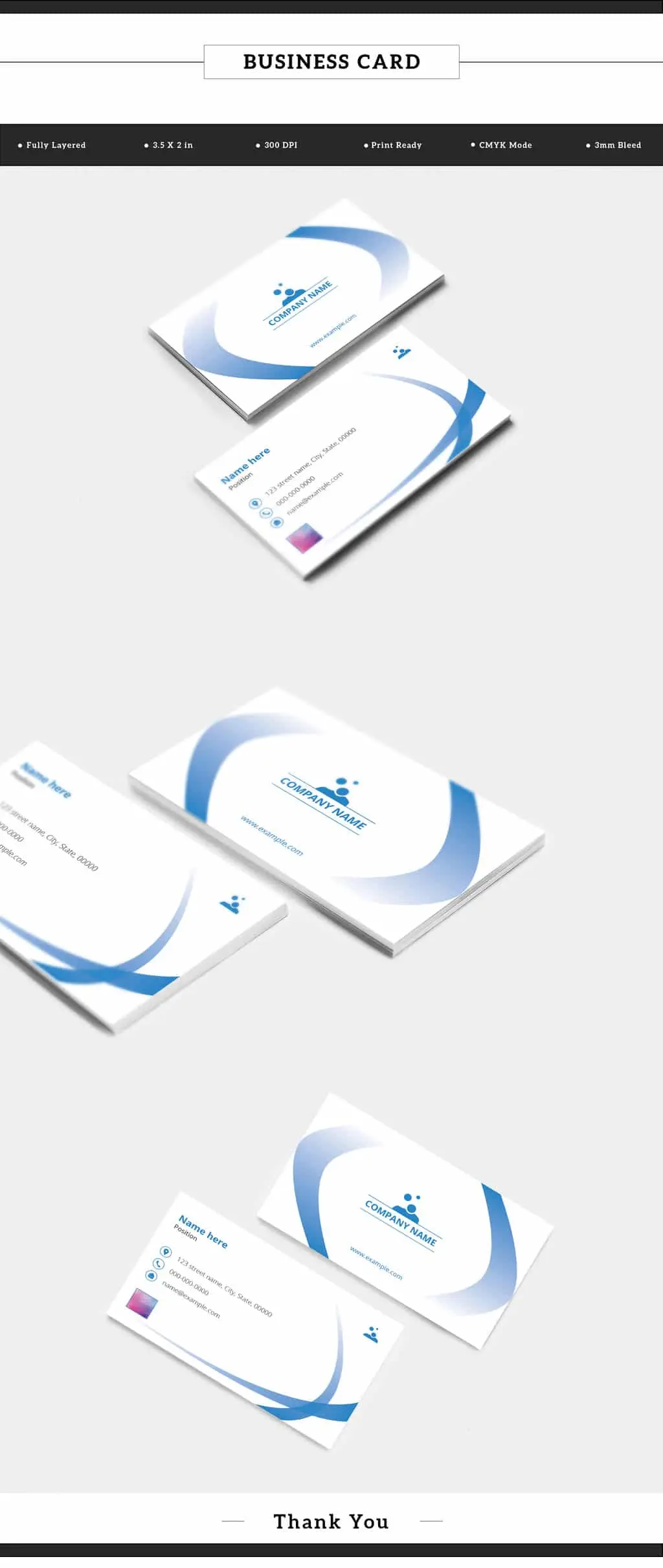 طرح کارت ویزیت ساده Business Card Layout with Blue Gradient Ribbon Elements