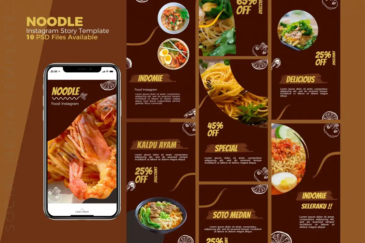 طرح لایه باز قالب آماده استوری اینستاگرام نودل Noodles - Food Instagram story Template