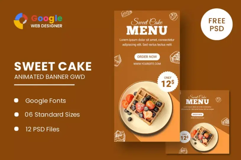 بنر تبلیغاتی شیرینی فروشی و کافی شاپ Sweet Cake برای گوگل وب دیزاینر