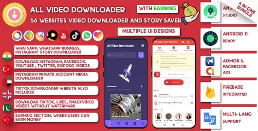 Download All Video Downloader & Story Saver 103 Websites Earning-Snackvideo, Whatsapp, Tiktok, Instagram, FB
