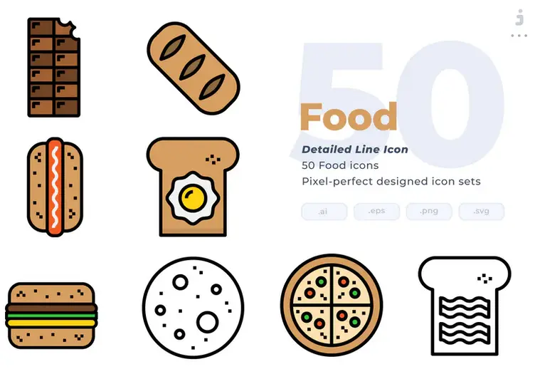 مجموعه طرح لایه باز 50 آیکون غذا Food Icons - Detailed Line Icon