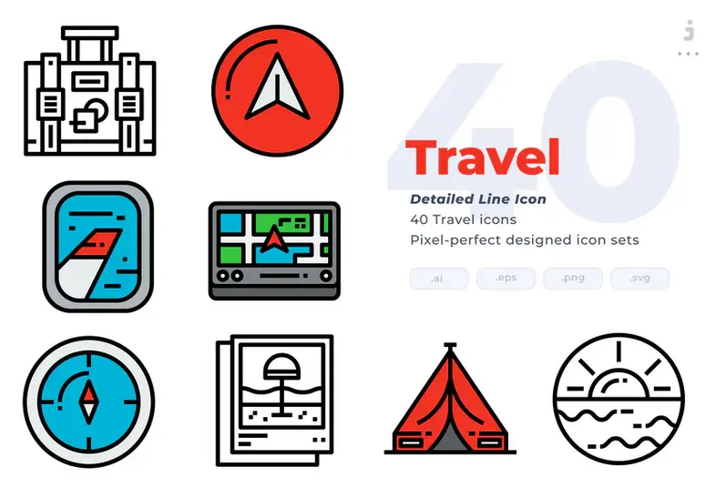 مجموعه طرح لایه باز 40 آیکون سفر Travel Icons - Detailed Line Icon