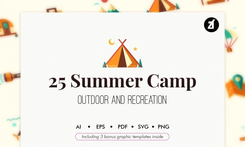 مجموعه 25 طرح لایه باز آیکون تابستانی Summer Camp icons with bonus graphic templates