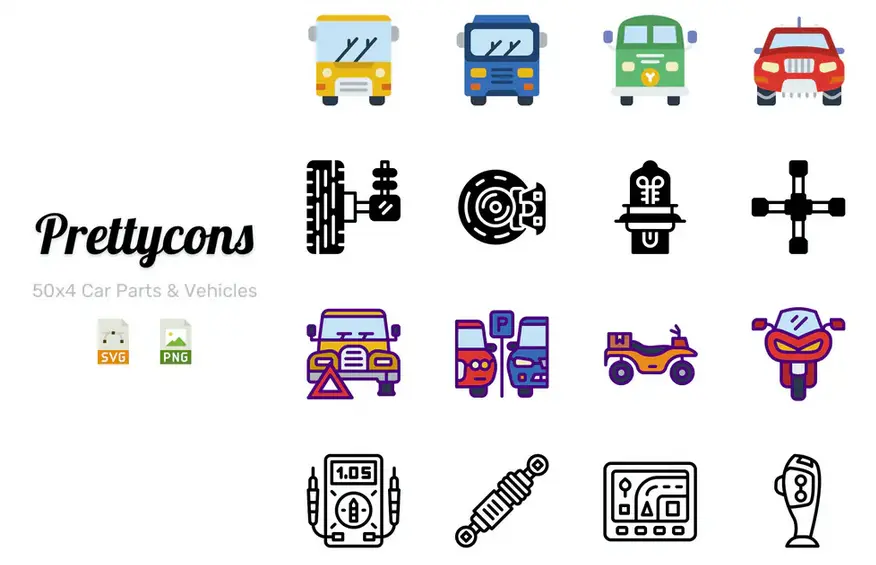 مجموعه آیکون اتومبیل و قطعات Prettycons - 200 Car Parts Vehicles Icons Vol.1