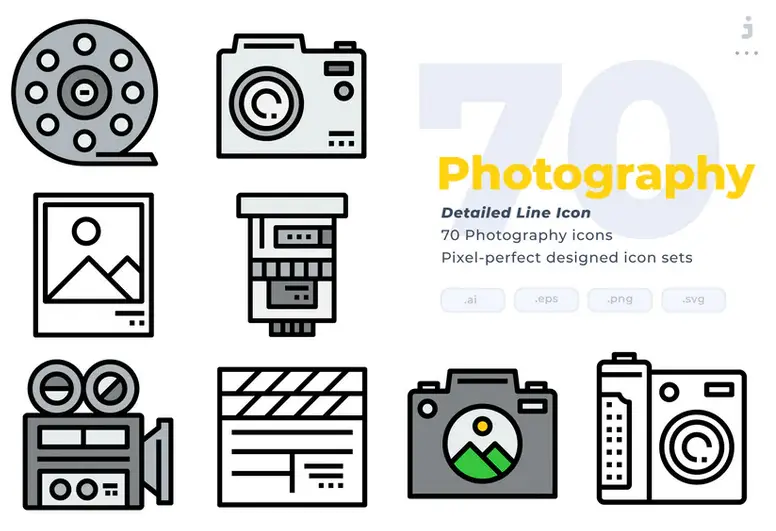 مجموعه طرح لایه باز 70 آیکون عکاسی Photography Icons - Detailed Line Icon