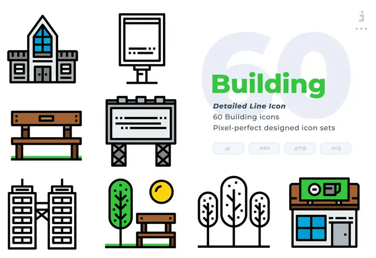 مجموعه طرح لایه باز 60 آیکون ساختمان Building Icons - Detailed Line Icon