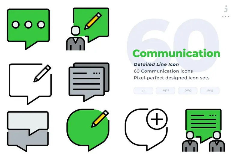 مجموعه طرح لایه باز 60 آیکون ارتباطات Communication Icons - Detailed Line Icon