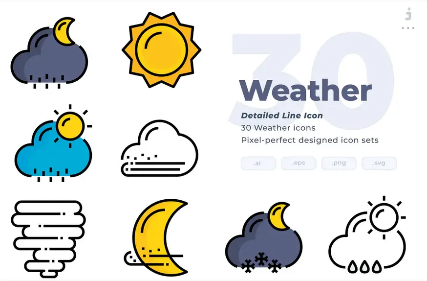 مجموعه طرح لایه باز 30 آیکون آب و هوا Weather Icons - Detailed Line Icon