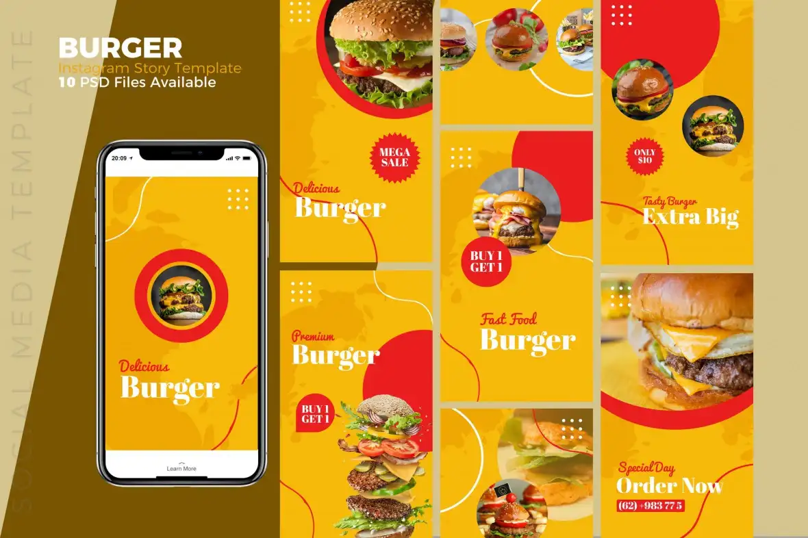 طرح لایه باز استوری اینستاگرام غذا Burger - Food Instagram story Template