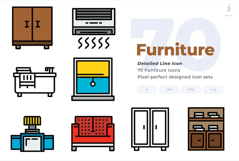 مجموعه طرح لایه باز 70 آیکون لوازم خانه Furniture Icons - Detailed Line Icon