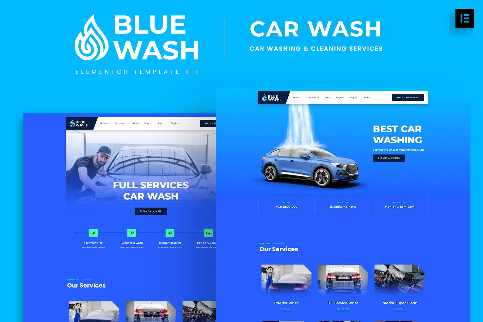 Download the Bluewash template kit for Elementor