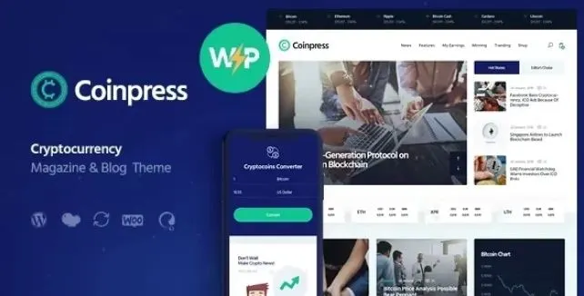Download Coinpress cryptocurrency magazine template for WordPress