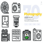 مجموعه طرح لایه باز ۷۰ آیکون عکاسی Photography Icons – Detailed Line Icon