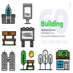 مجموعه طرح لایه باز ۶۰ آیکون ساختمان Building Icons – Detailed Line Icon