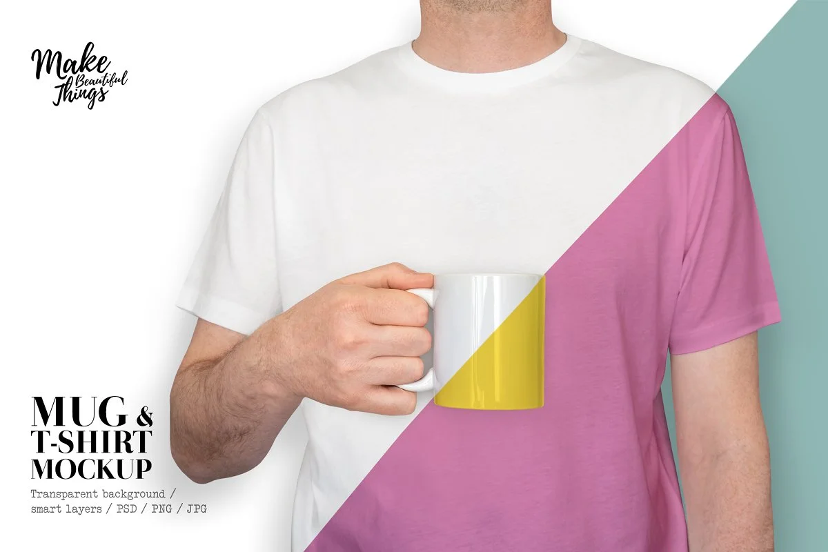 موکاپ تیشرت و ماگ Mug mockup and editable T-shirt