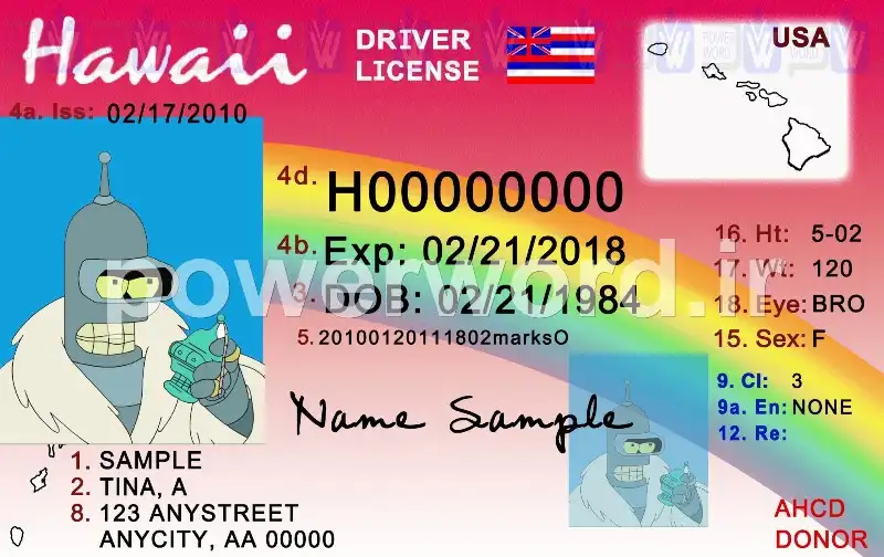 دانلود گواهینامه رانندگی لایه باز کشور آمریکا ایالت هاوایی