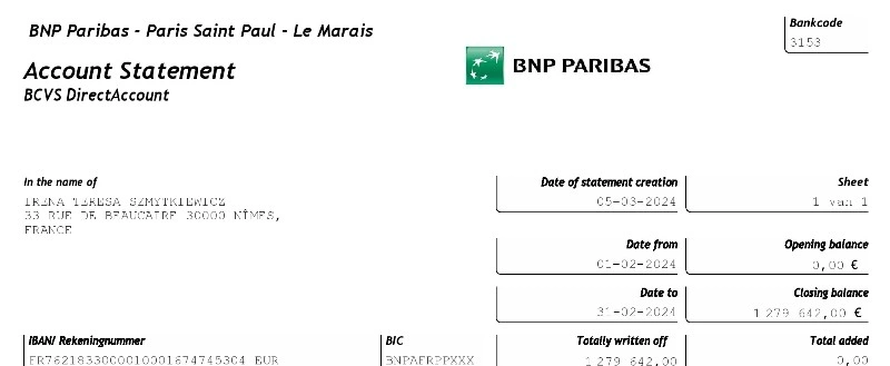 دانلود صورت‌حساب بانکی BNP Paribas فرانسه – فایل PDF با IBAN و BIC معتبر
