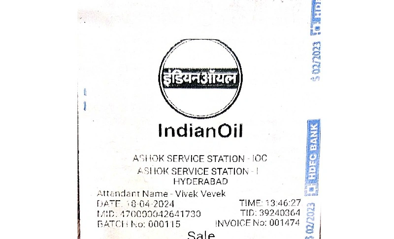 رسید سوخت IndianOil حیدرآباد PDF برای ضمیمه سفر، مالی و حسابداری