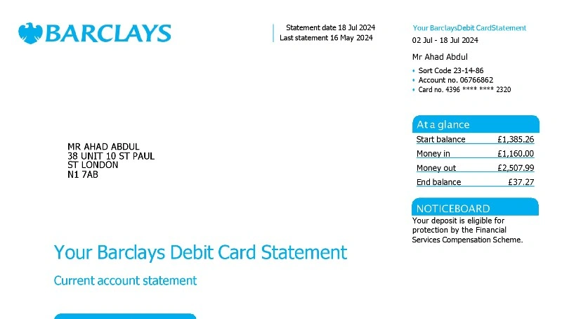 صورت‌حساب بانکی Barclays بریتانیا (PDF) مناسب برای وریفای و اثبات آدرس