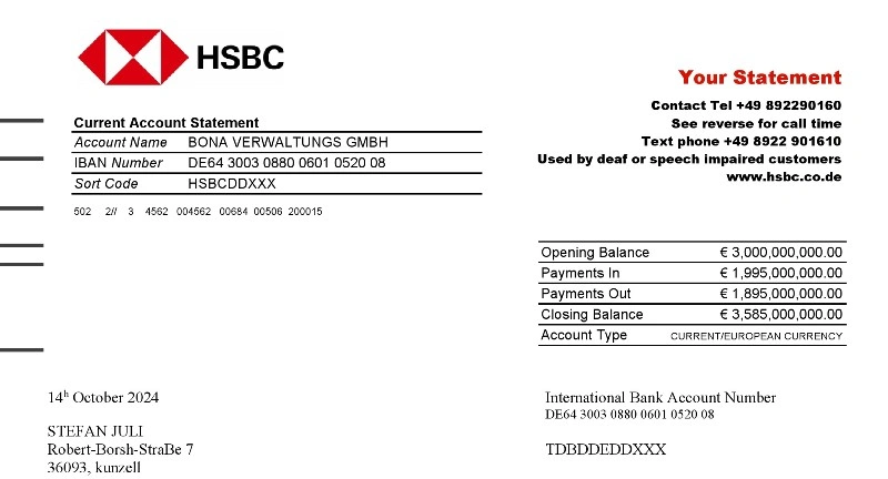 صورت‌حساب بانکی HSBC آلمان بصورت ورد برای ثبت‌نام و احراز هویت بین‌المللی