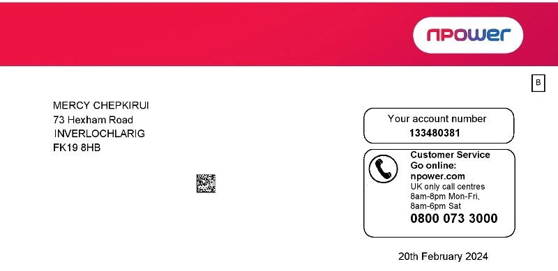 قبض Npower بریتانیا (PDF) مناسب برای وریفای آدرس و احراز هویت جهانی