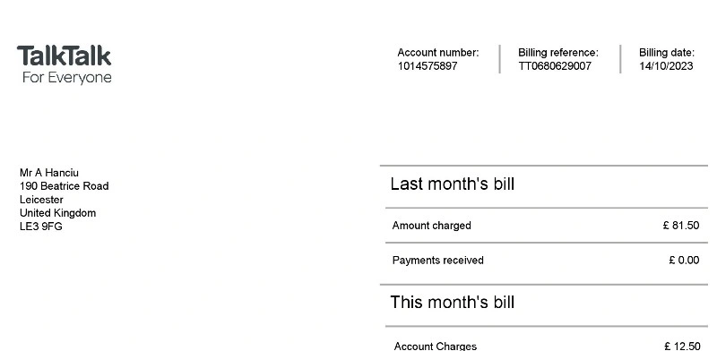 قبض TalkTalk بریتانیا PDF برای وریفای آدرس صرافی و احراز هویت KYC