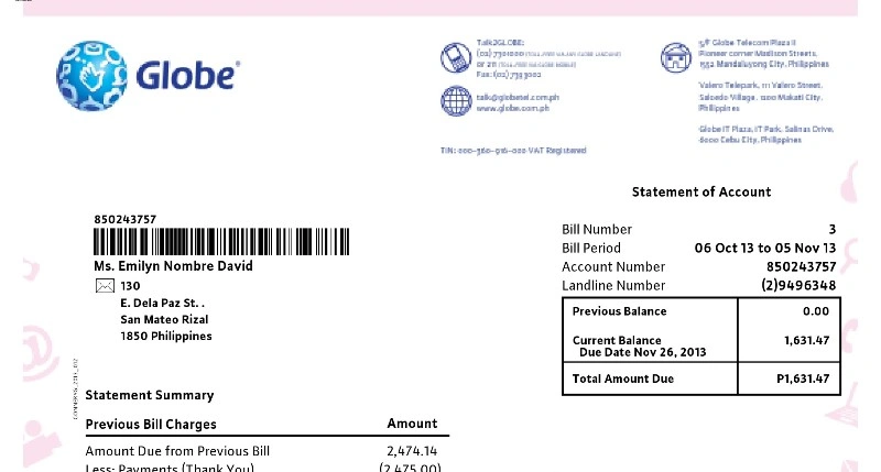 قبض اینترنت و تلفن Globe فیلیپین PDF برای وریفای صرافی و کیف پول دیجیتال