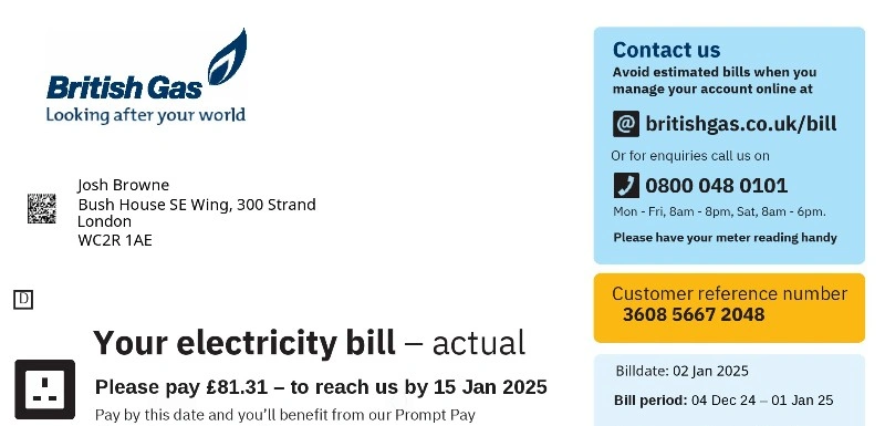 قبض برق British Gas انگلستان (PDF) مناسب وریفای دیجیتال و اثبات آدرس