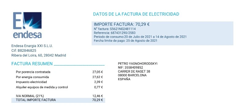 قبض برق Endesa اسپانیا PDF برای وریفای کیف پول و حساب مالی بین‌المللی