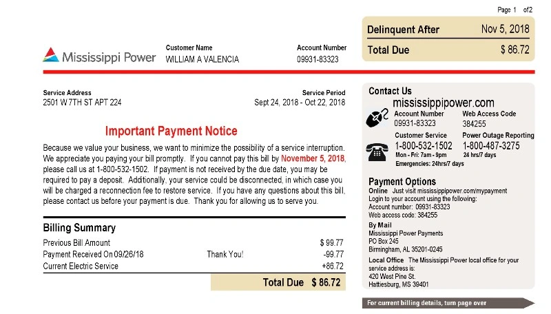 قبض برق Mississippi Power آمریکا PDF برای وریفای حساب و کیف پول دیجیتال