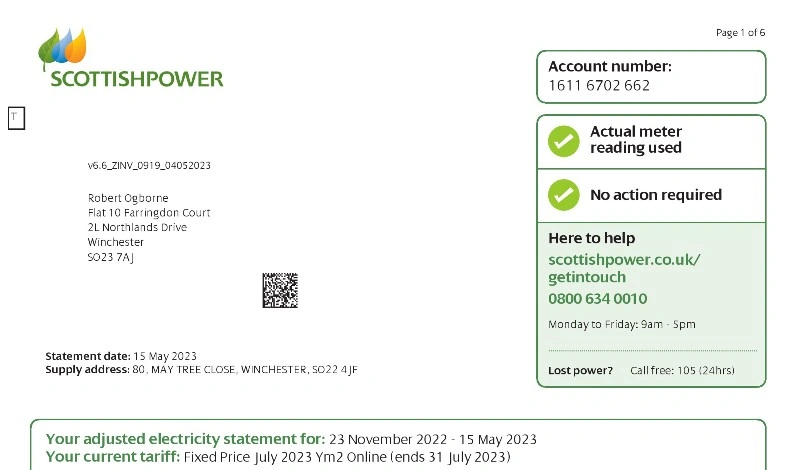 قبض برق ScottishPower بریتانیا PDF برای وریفای صرافی و حساب مالی