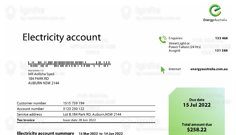 قبض برق استرالیا EnergyAustralia PDF برای وریفای صرافی و کیف پول بین‌المللی