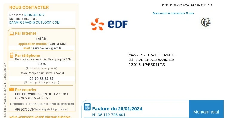 قبض برق فرانسه EDF با فرمت PDF برای وریفای و احراز آدرس