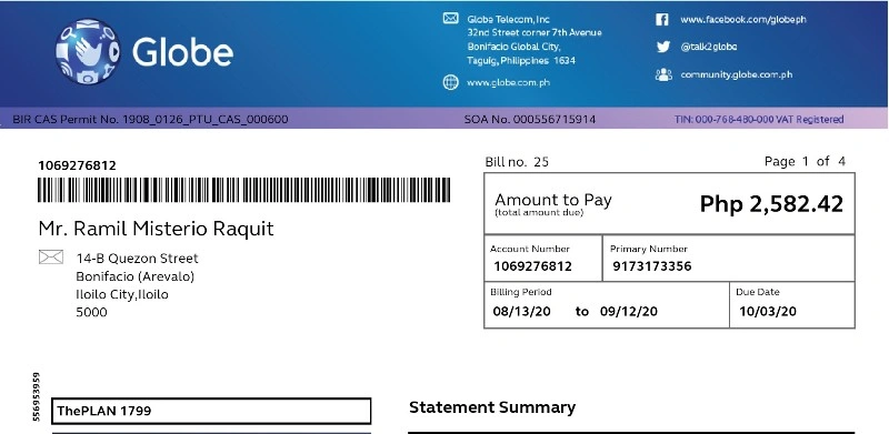 قبض موبایل Globe فیلیپین PDF برای وریفای صرافی، کیف پول و فرم KYC