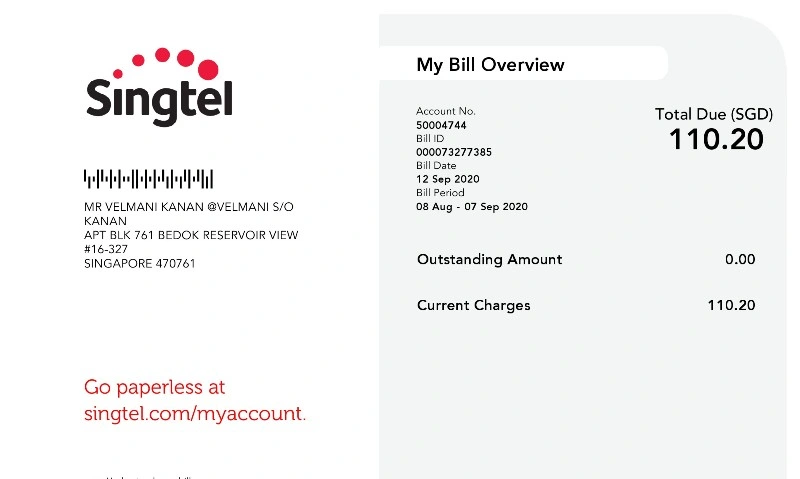قبض موبایل Singtel سنگاپور PDF برای وریفای حساب صرافی و کیف پول