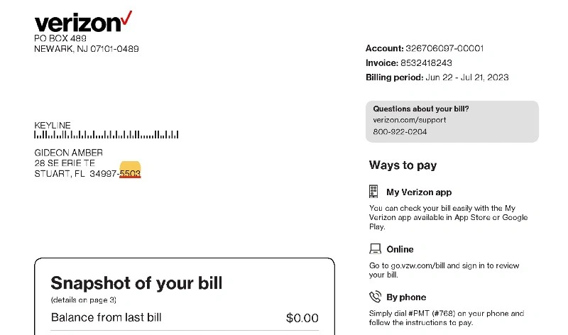 قبض موبایل Verizon آمریکا PDF برای وریفای کیف پول و حساب صرافی
