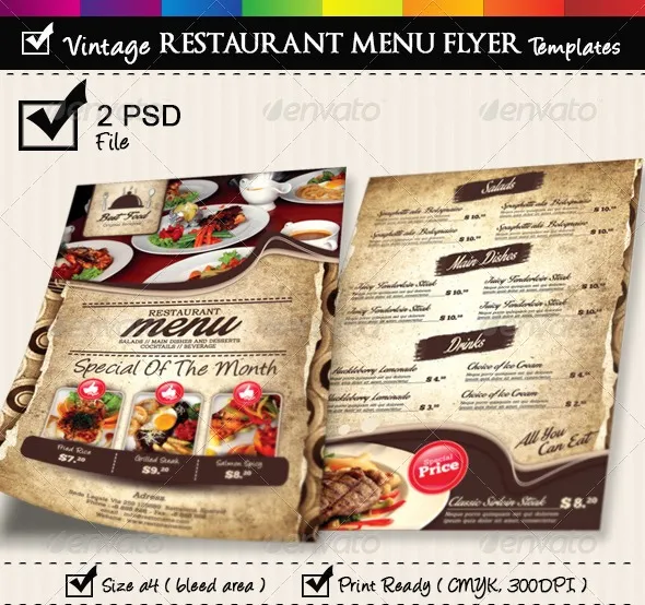 طرح منوی قدیمی و شیک برای رستوران و کافی‌شاپ PSD