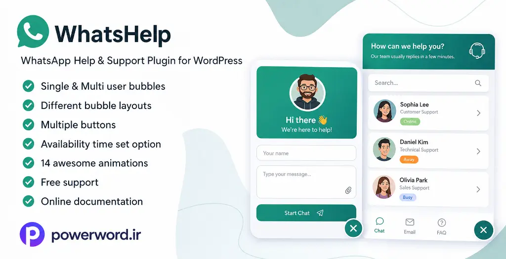 افزونه وردپرس WhatsApp Chat Help پشتیبانی و گفتگوی زنده واتساپ افزونه وردپرس WhatsApp Chat Help پشتیبانی و گفتگوی زنده واتساپ